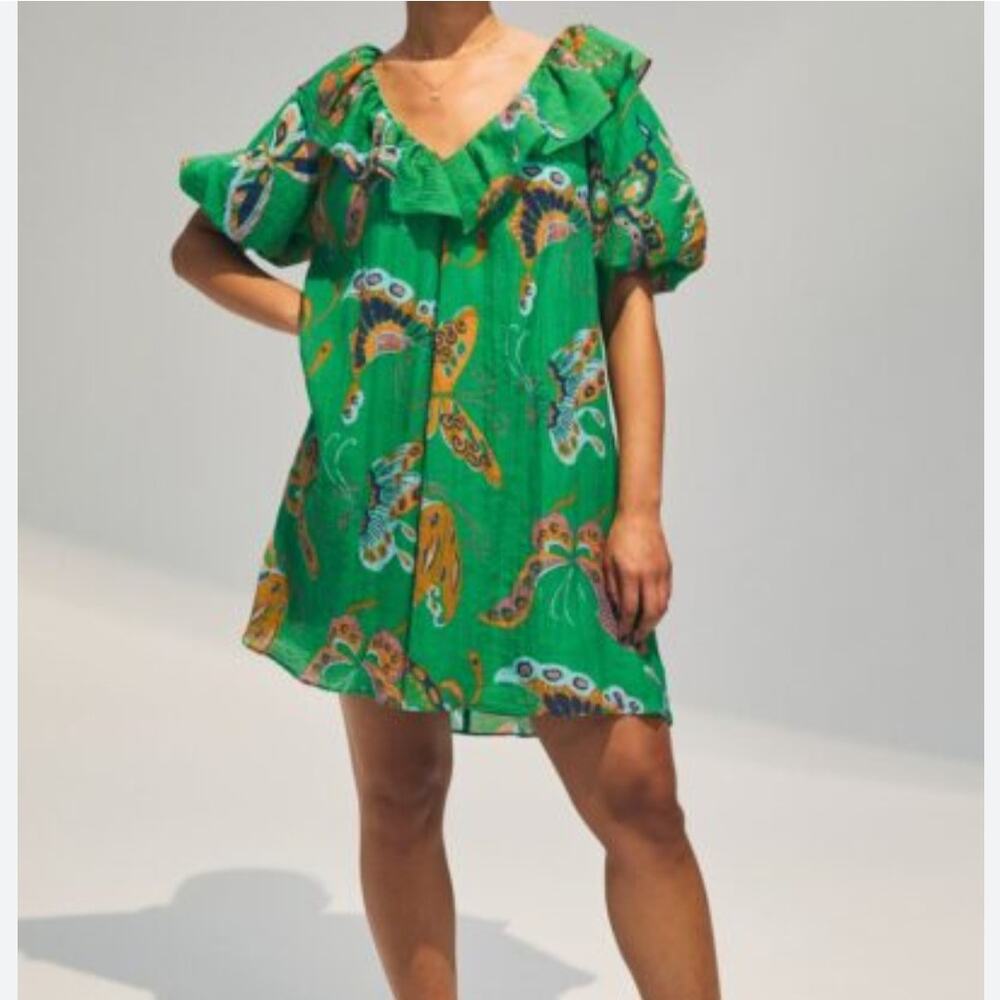 H&M GREEN FLORAL V-NECK TIE BACK DRESS BALLON SLEEVES SIZE‎ LARGE